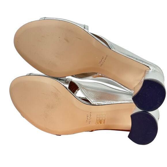 Stuart Weitzman Heeled Metallic Silver Mules Leather Women SZ 9.5 Formal Party - Picture 10 of 13